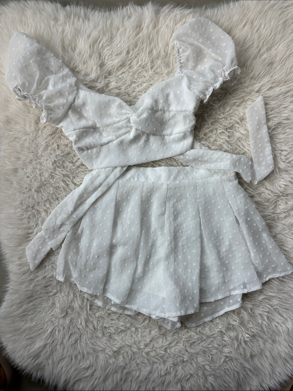 White Swiss Dot Two-Piece Crop Top and Skirt Set